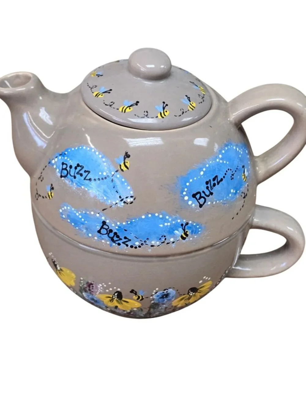 Pier 1 Stoneware Tea for One Stackable Set with Teapot Lid and Cup 3 Piece Bees